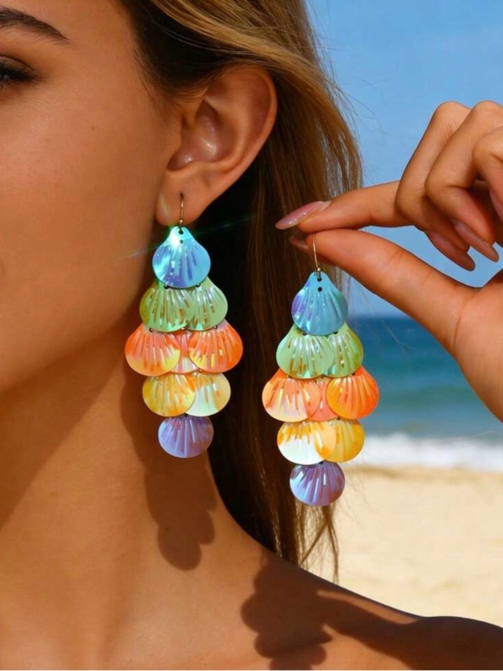 NWT Multicolor Tiered Shell Drop Earrings - Vibrant Beach Style